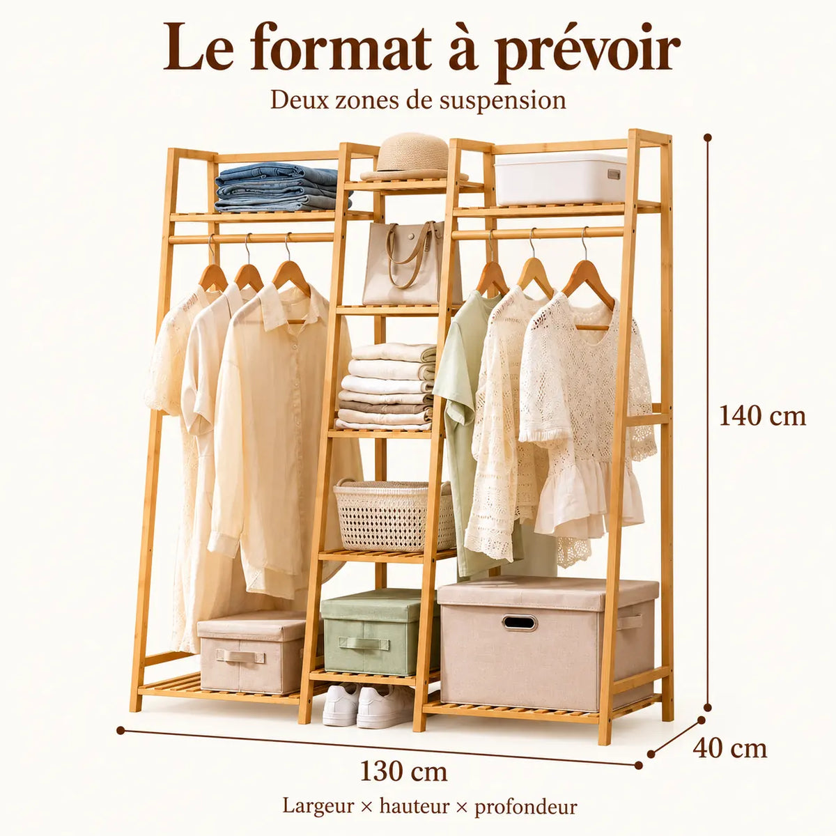 Penderie ouverte en bambou naturel double 130 cm : dimensions largeur hauteur et profondeur