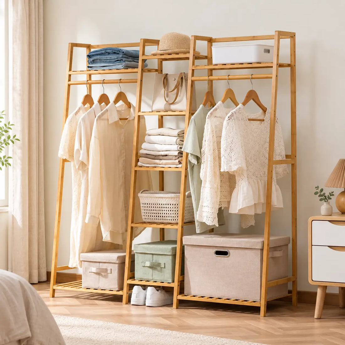 Penderie ouverte en bambou naturel double 130 cm : illustration dans une chambre
