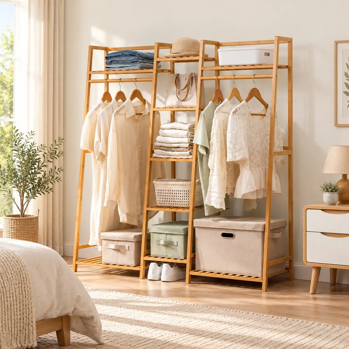 Penderie ouverte en bambou naturel double 130 cm : rangement près du lit