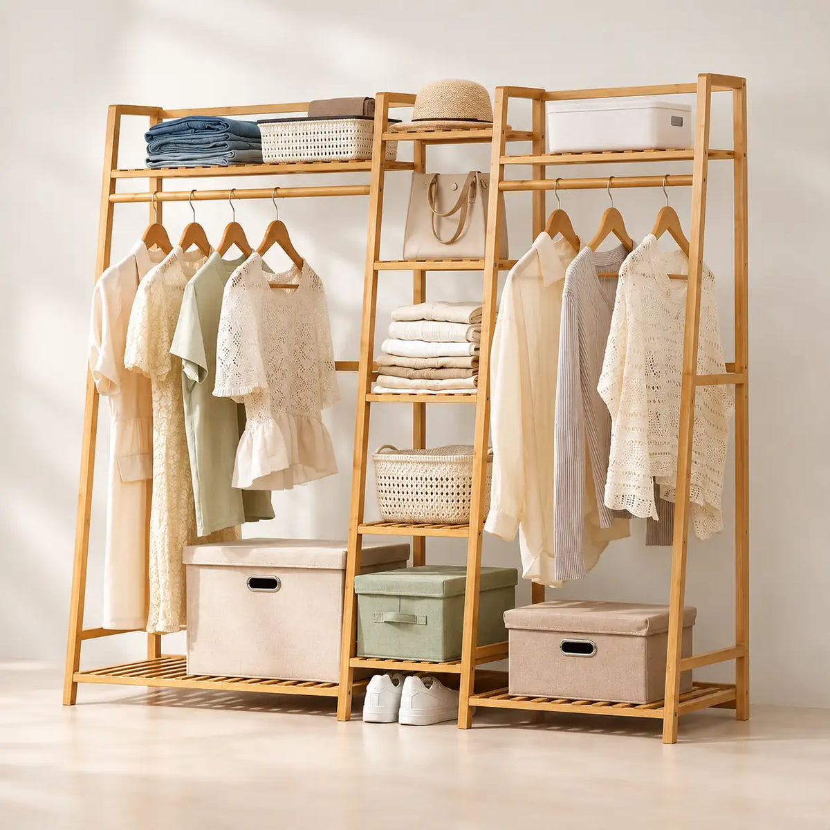 Penderie ouverte en bambou naturel double 160 cm : vue principale du meuble