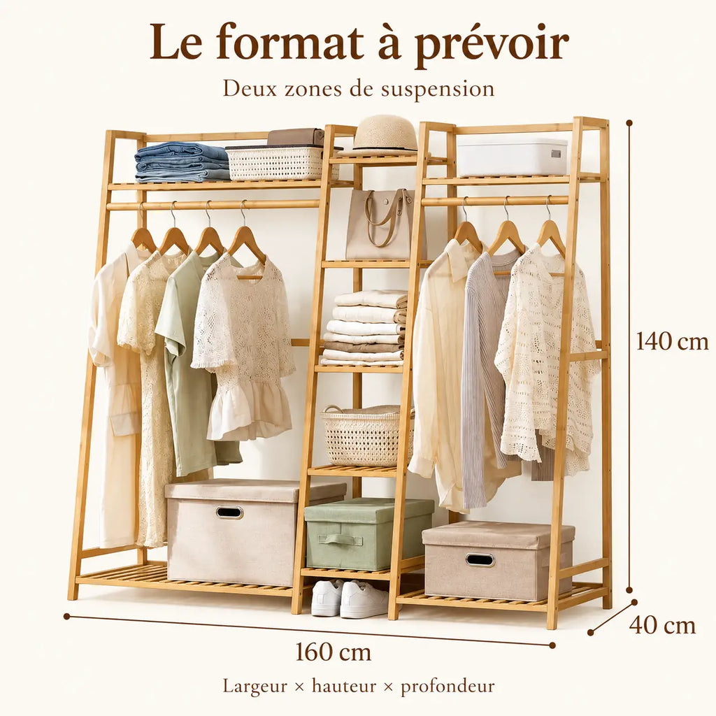 Penderie ouverte en bambou naturel double 160 cm : dimensions largeur hauteur et profondeur