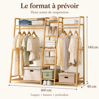 Penderie ouverte en bambou naturel double 160 cm : dimensions largeur hauteur et profondeur