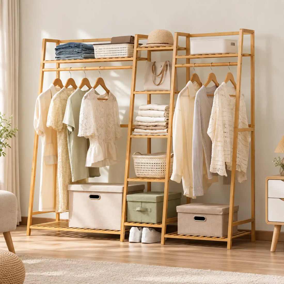 Penderie ouverte en bambou naturel double 160 cm : illustration dans une chambre