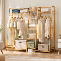 Penderie ouverte en bambou naturel double 160 cm : mise en scène dans une chambre