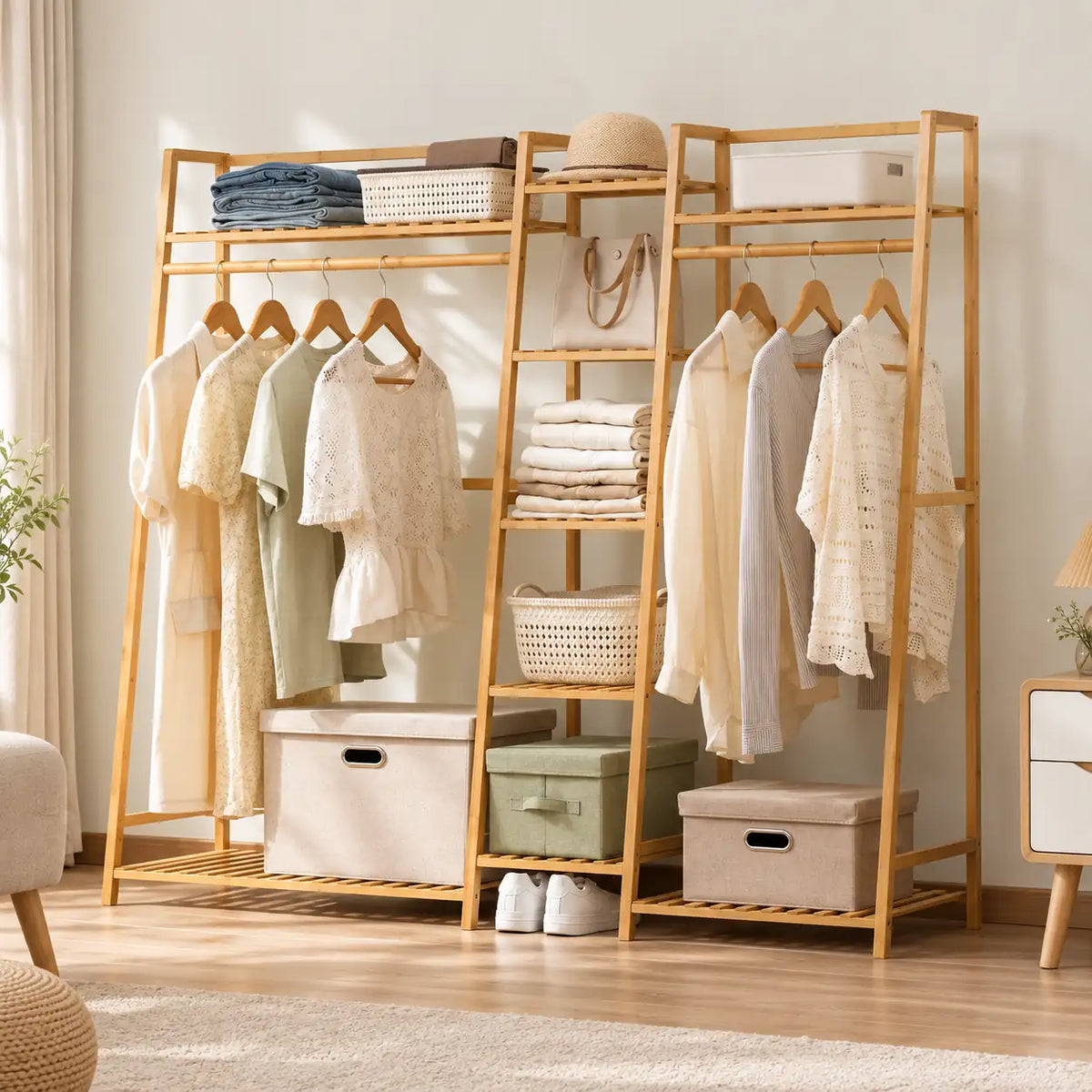 Penderie ouverte en bambou naturel double 160 cm : mise en scène dans une chambre
