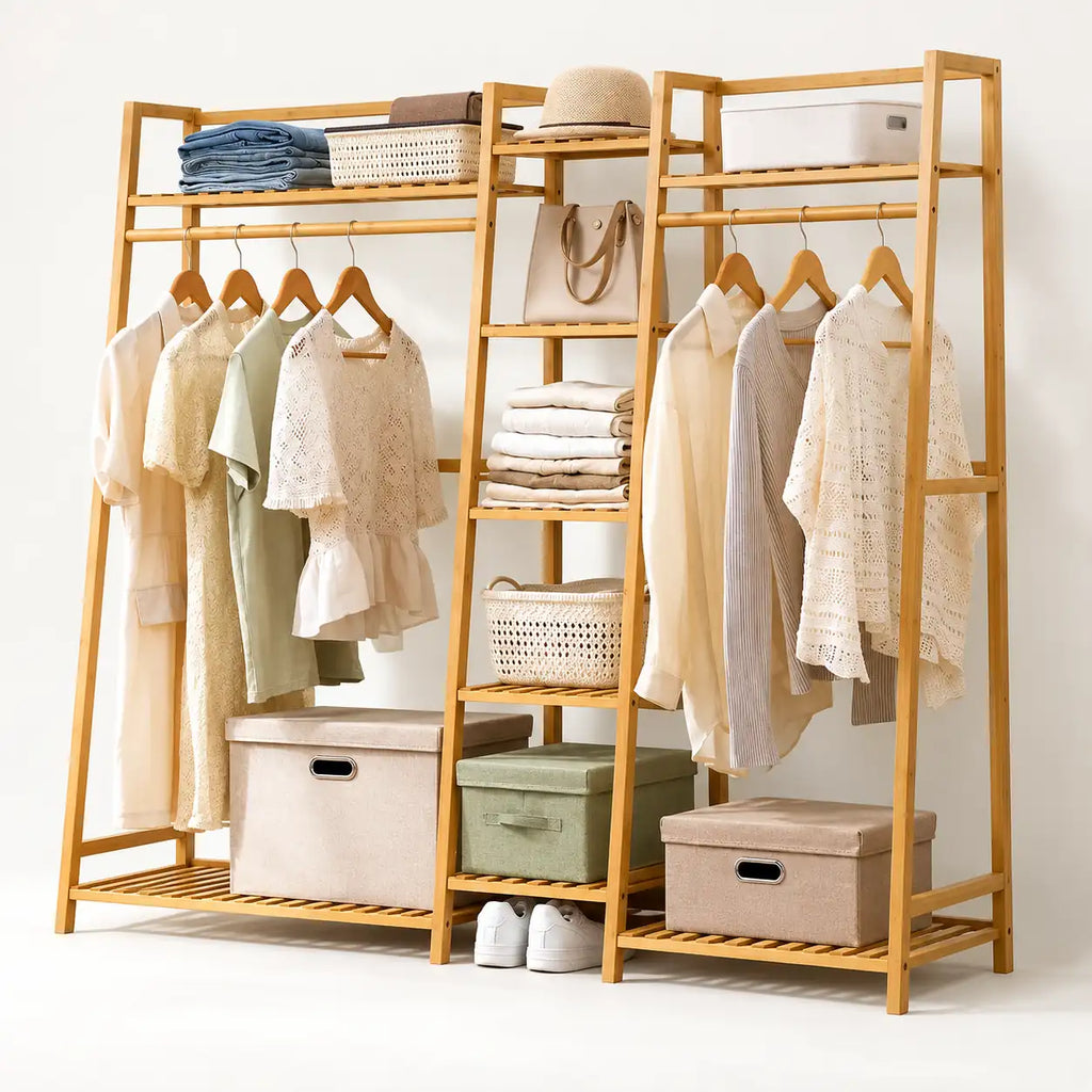 Penderie ouverte en bambou naturel double 160 cm : vue de trois quarts de la structure