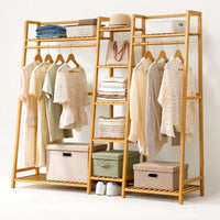 Penderie ouverte en bambou naturel double 160 cm : vue de trois quarts de la structure