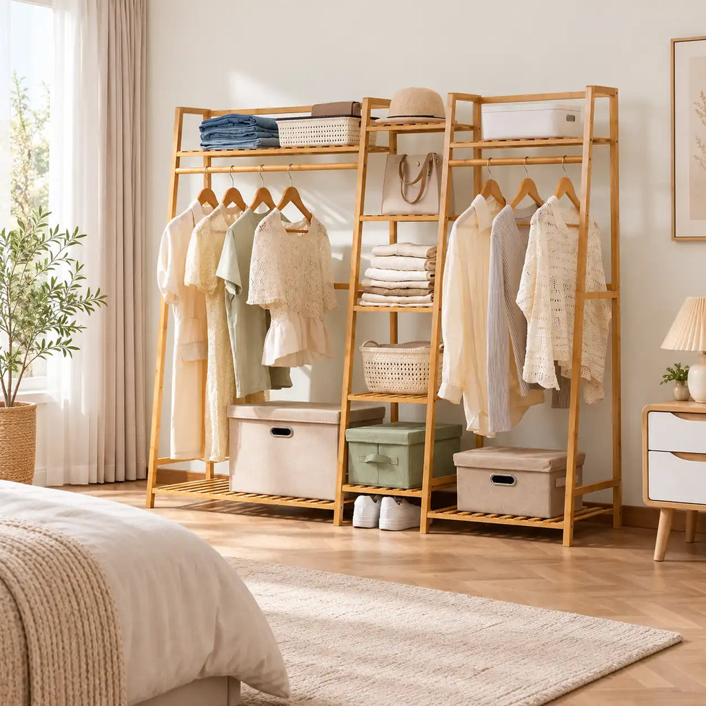 Penderie ouverte en bambou naturel double 160 cm : rangement près du lit