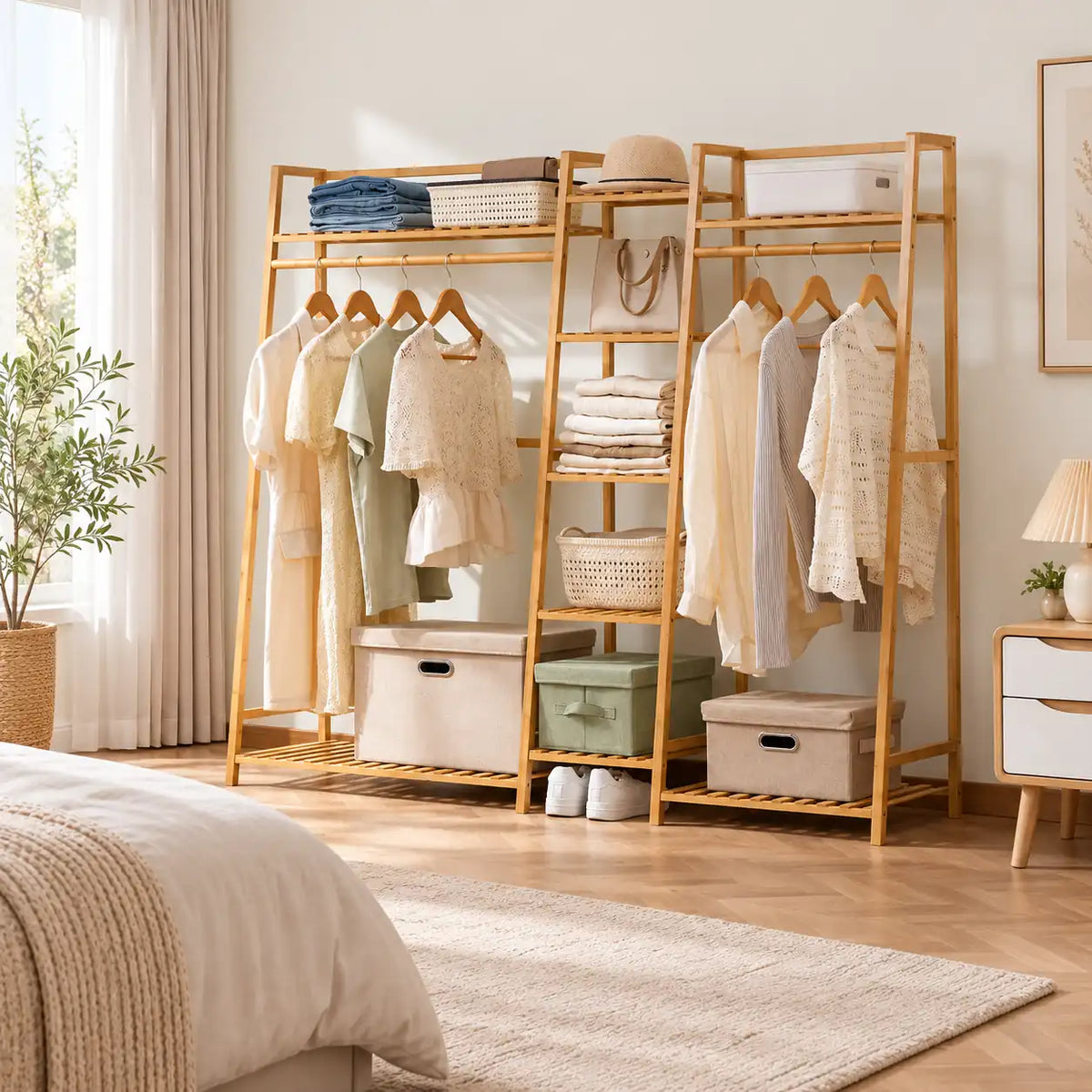 Penderie ouverte en bambou naturel double 160 cm : rangement près du lit