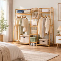 Penderie ouverte en bambou naturel double 160 cm : rangement près du lit