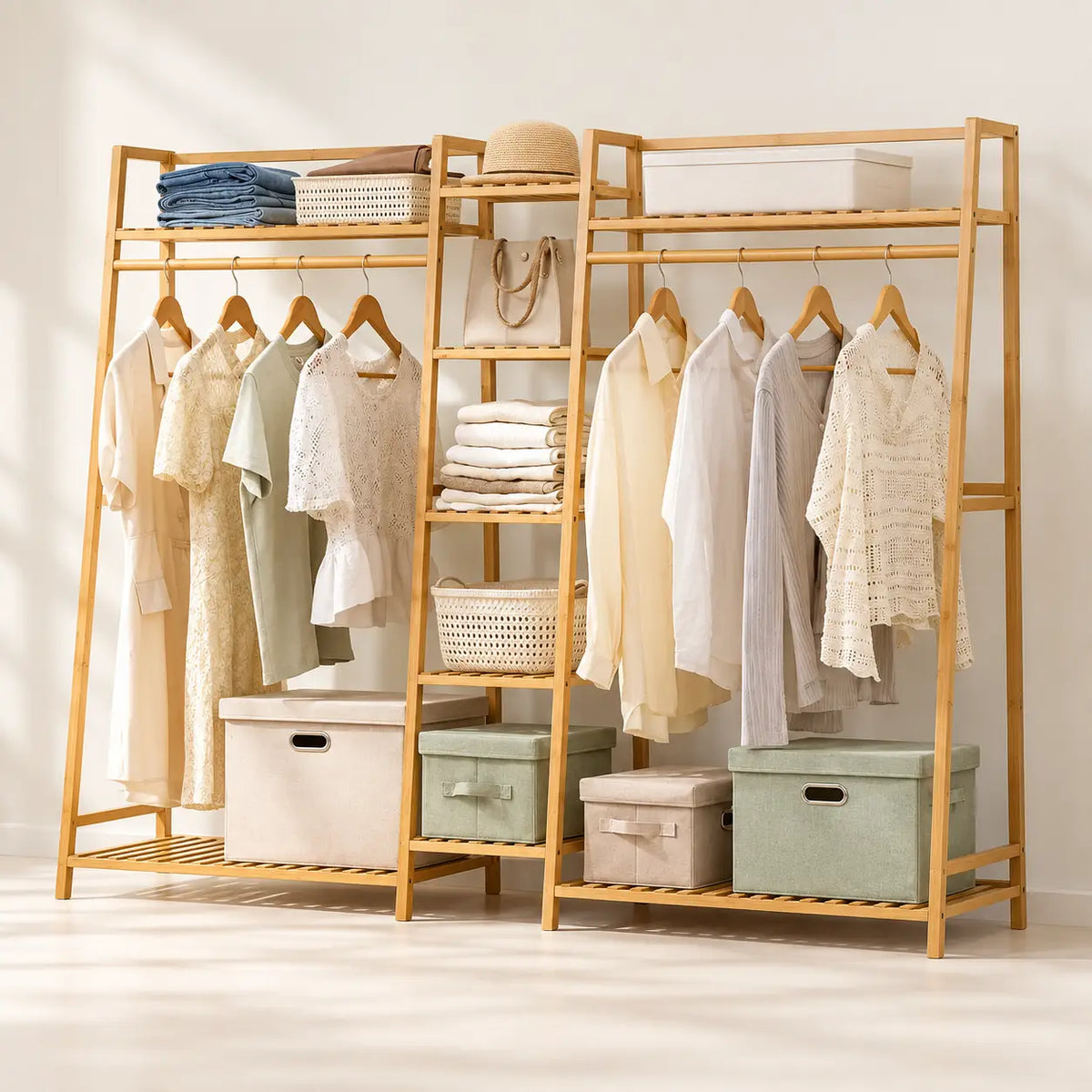 Penderie ouverte en bambou naturel double 190 cm : vue principale du meuble