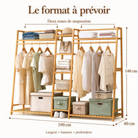 Penderie ouverte en bambou naturel double 190 cm : dimensions largeur hauteur et profondeur