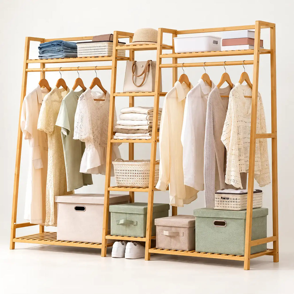 Penderie ouverte en bambou naturel double 190 cm : vue de trois quarts de la structure