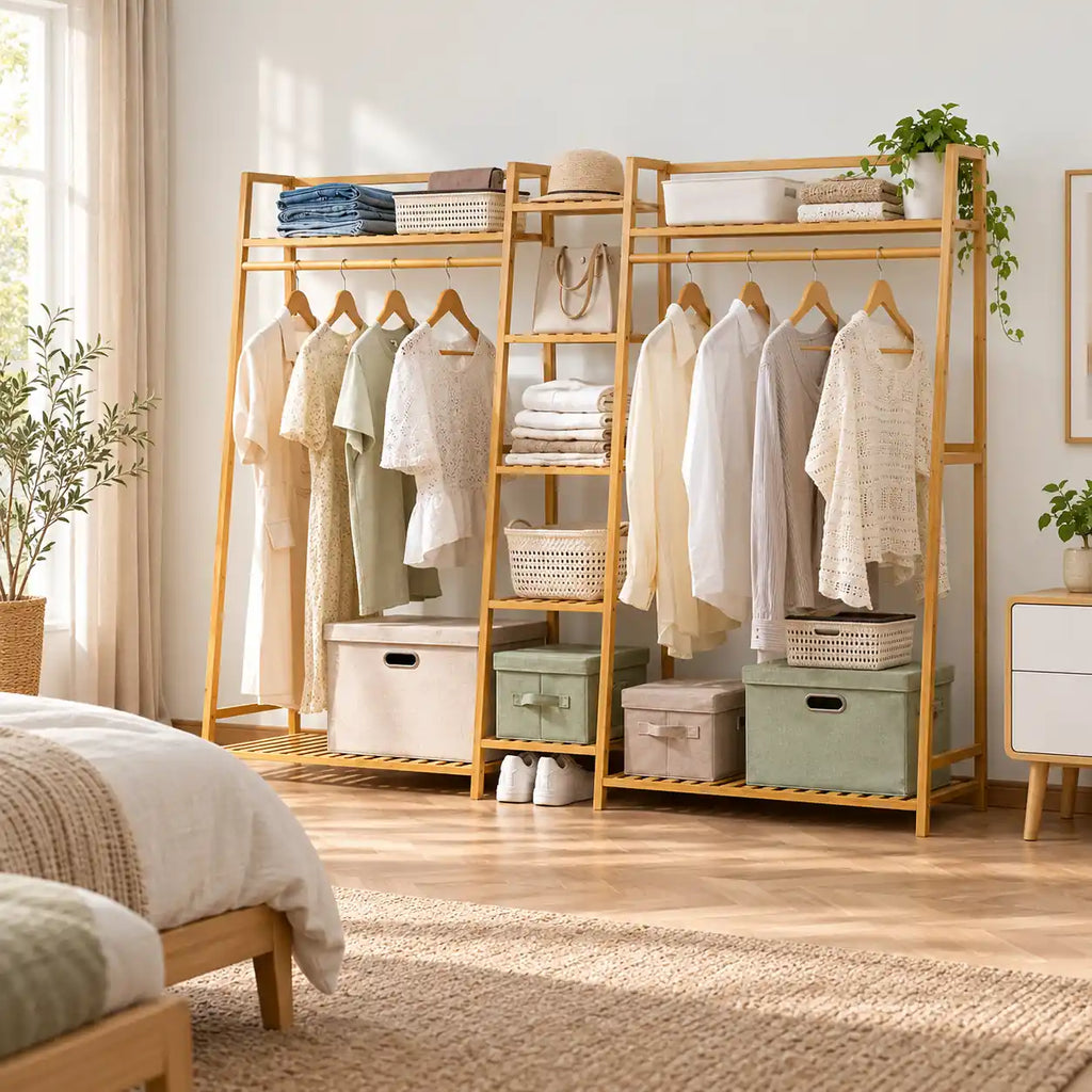 Penderie ouverte en bambou naturel double 190 cm : rangement près du lit
