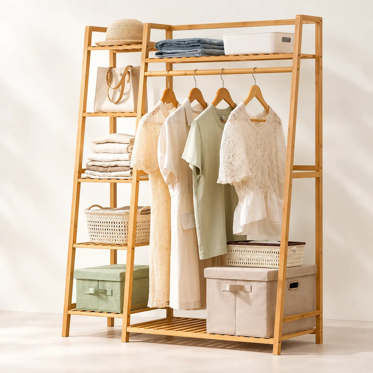 Penderie ouverte en bambou naturel simple 110 cm : vue principale du meuble