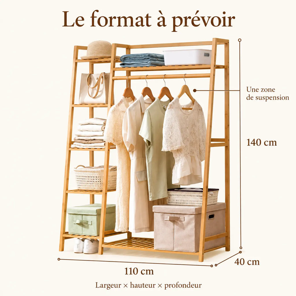 Penderie ouverte en bambou naturel simple 110 cm : dimensions largeur hauteur et profondeur