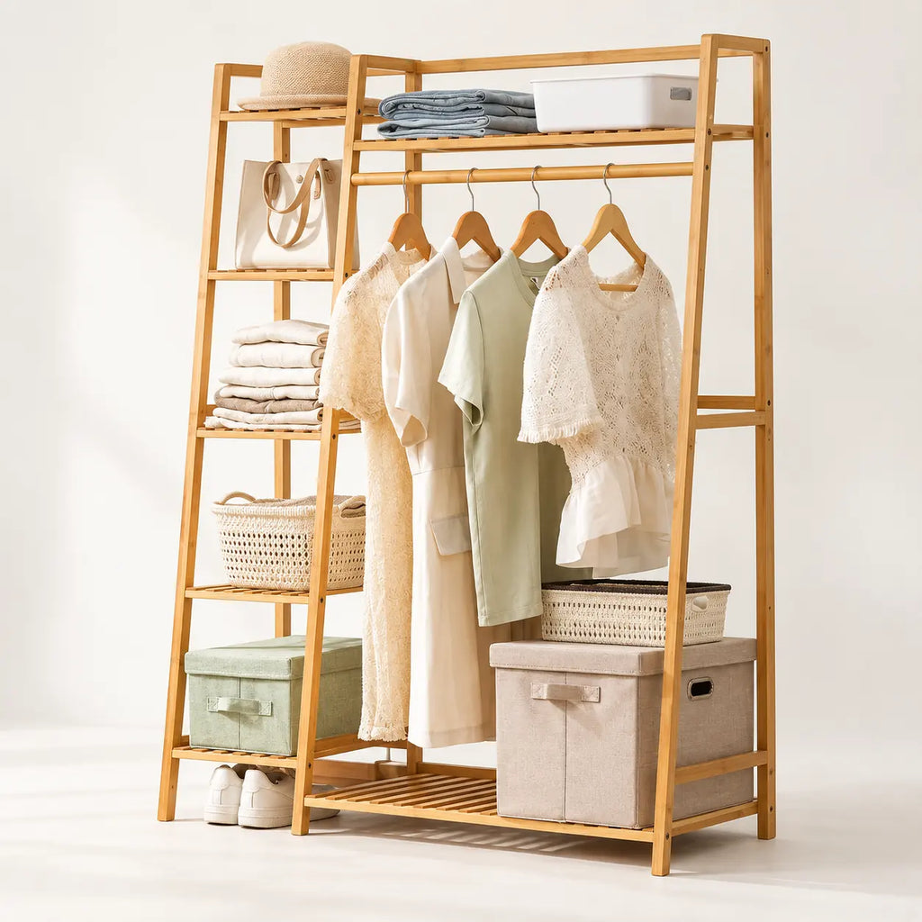 Penderie ouverte en bambou naturel simple 110 cm : vue de trois quarts de la structure