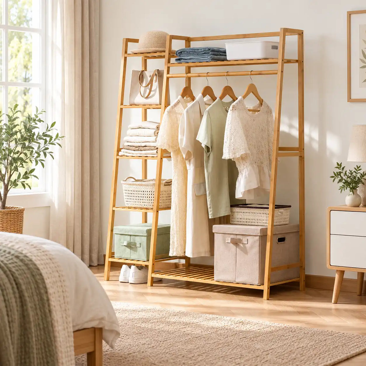 Penderie ouverte en bambou naturel simple 110 cm : rangement près du lit