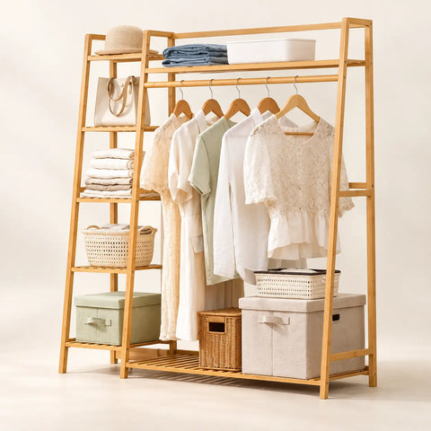 Penderie ouverte en bambou naturel simple 130 cm