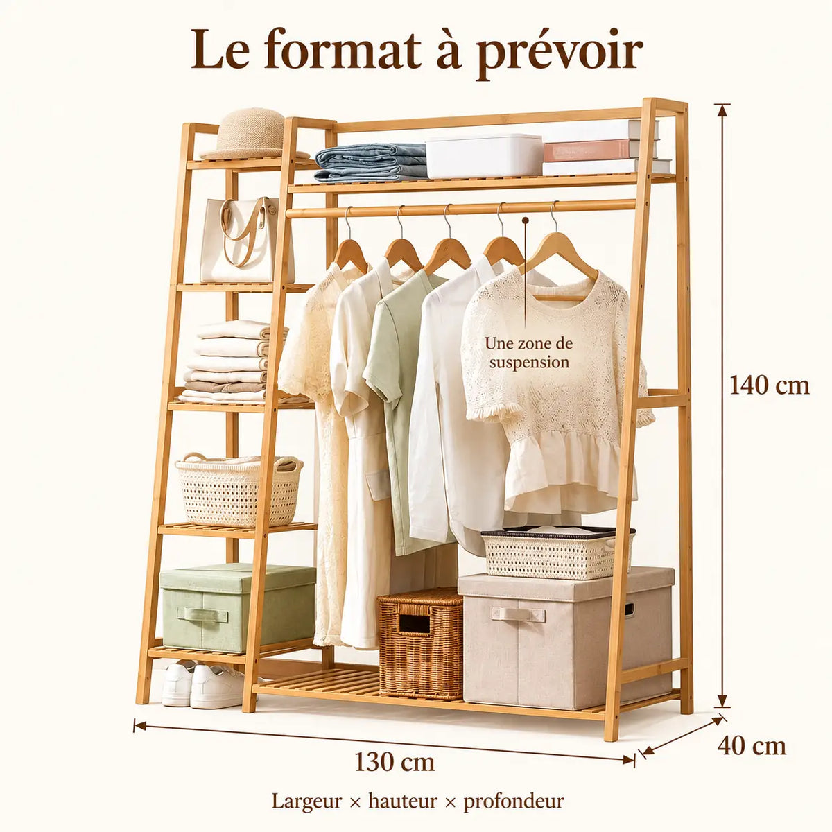Penderie ouverte en bambou naturel simple 130 cm : dimensions largeur hauteur et profondeur
