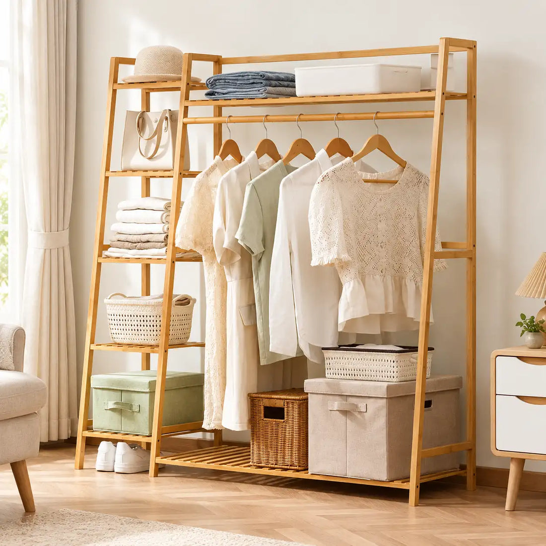 Penderie ouverte en bambou naturel simple 130 cm : illustration dans une chambre
