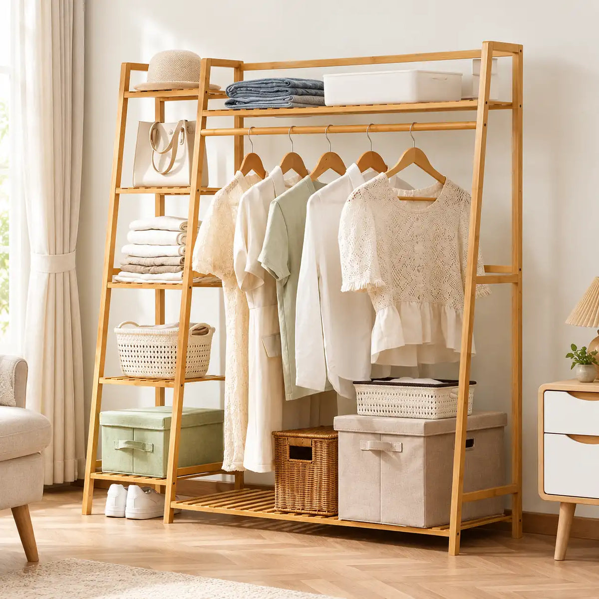 Penderie ouverte en bambou naturel simple 130 cm : mise en scène dans une chambre