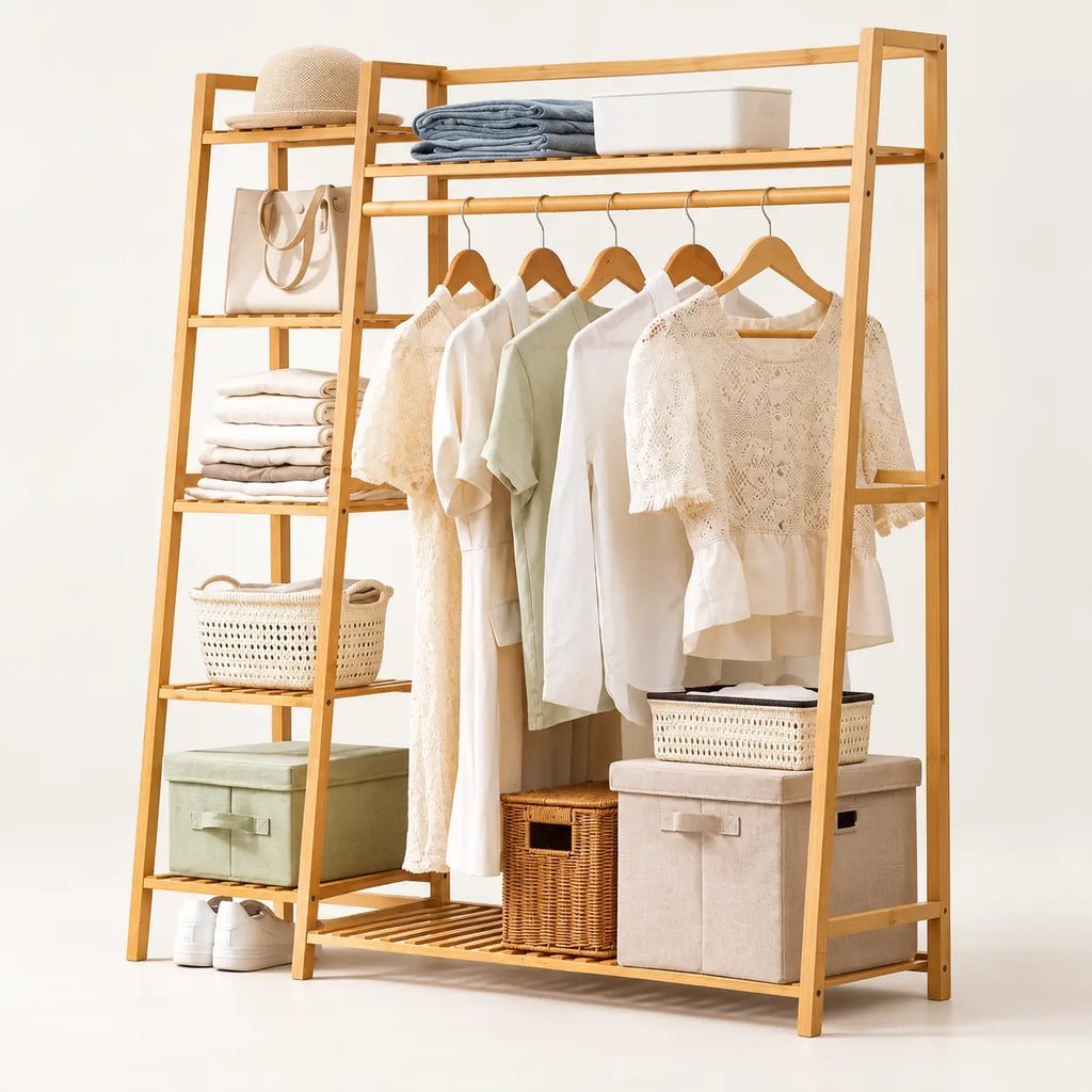 Penderie ouverte en bambou naturel simple 130 cm : vue de trois quarts de la structure