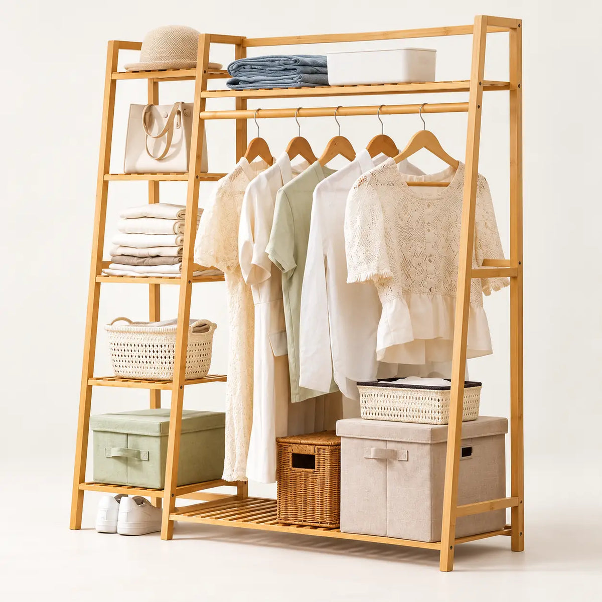 Penderie ouverte en bambou naturel simple 130 cm : vue de trois quarts de la structure