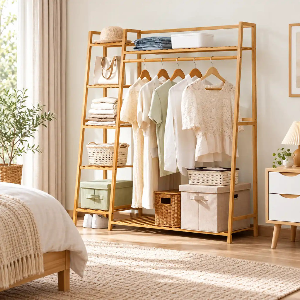Penderie ouverte en bambou naturel simple 130 cm : rangement près du lit
