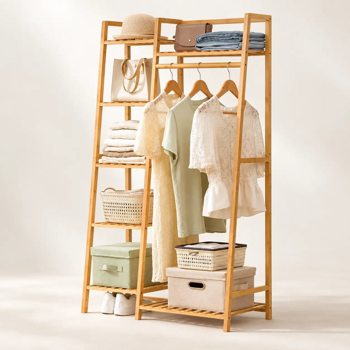 Penderie ouverte en bambou naturel simple 80 cm : vue principale du meuble