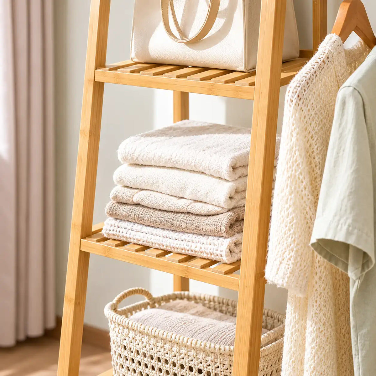 Penderie ouverte en bambou naturel simple 80 cm : détail de la colonne d’étagères