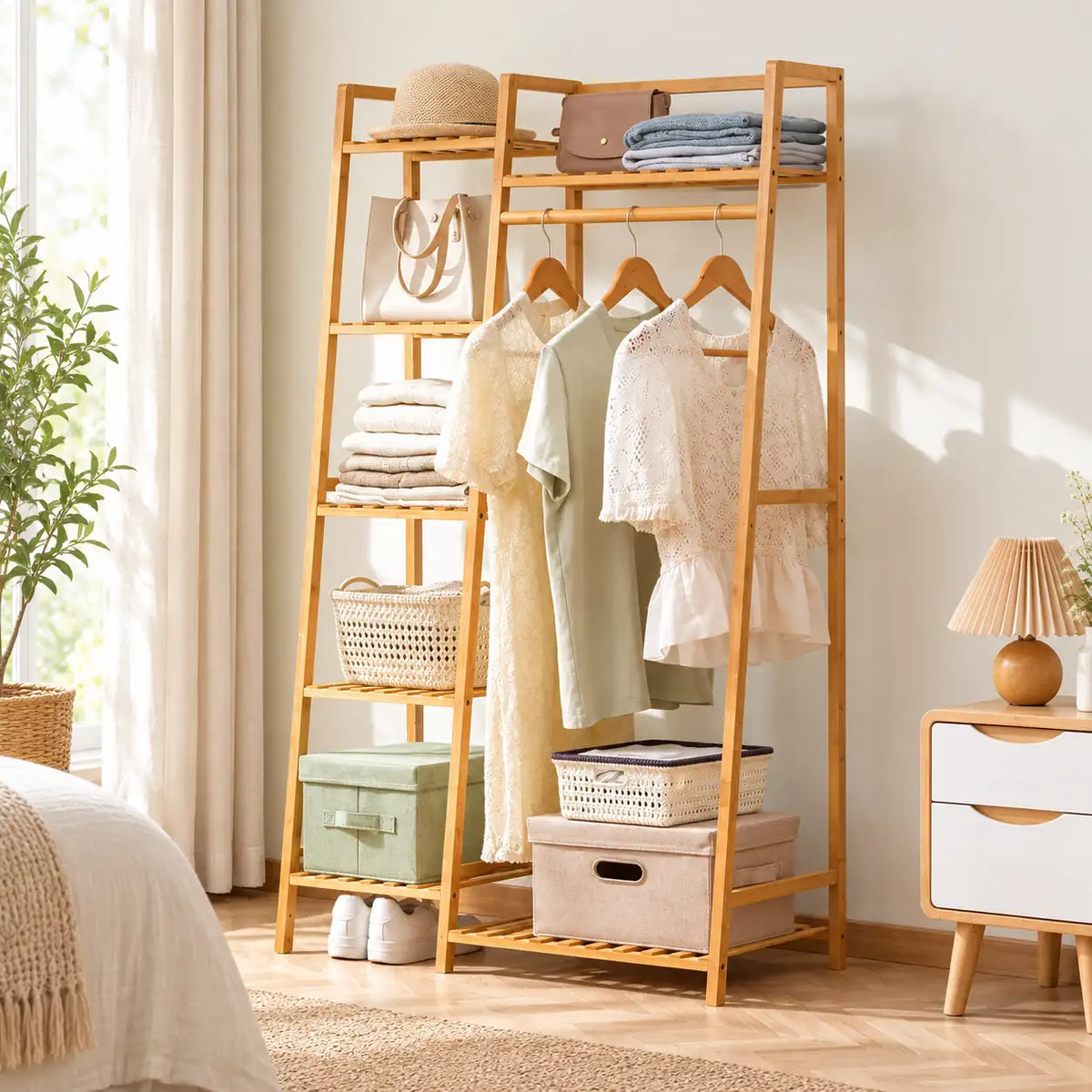 Penderie ouverte en bambou naturel simple 80 cm : mise en scène dans une chambre Image