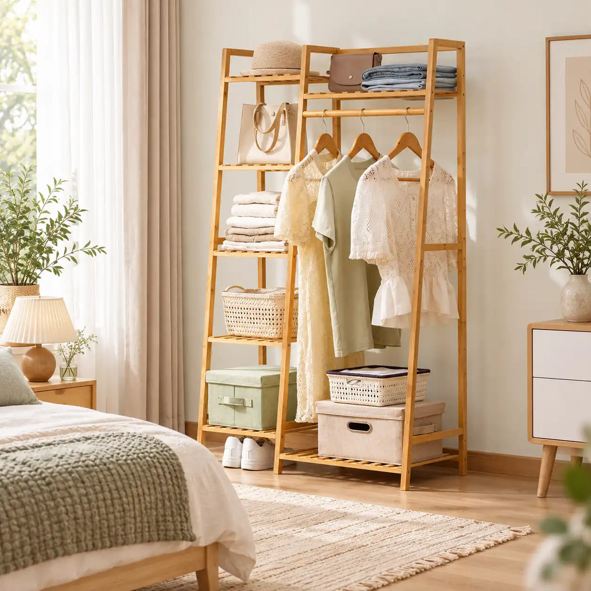 Penderie ouverte en bambou naturel simple 80 cm : rangement près du lit
