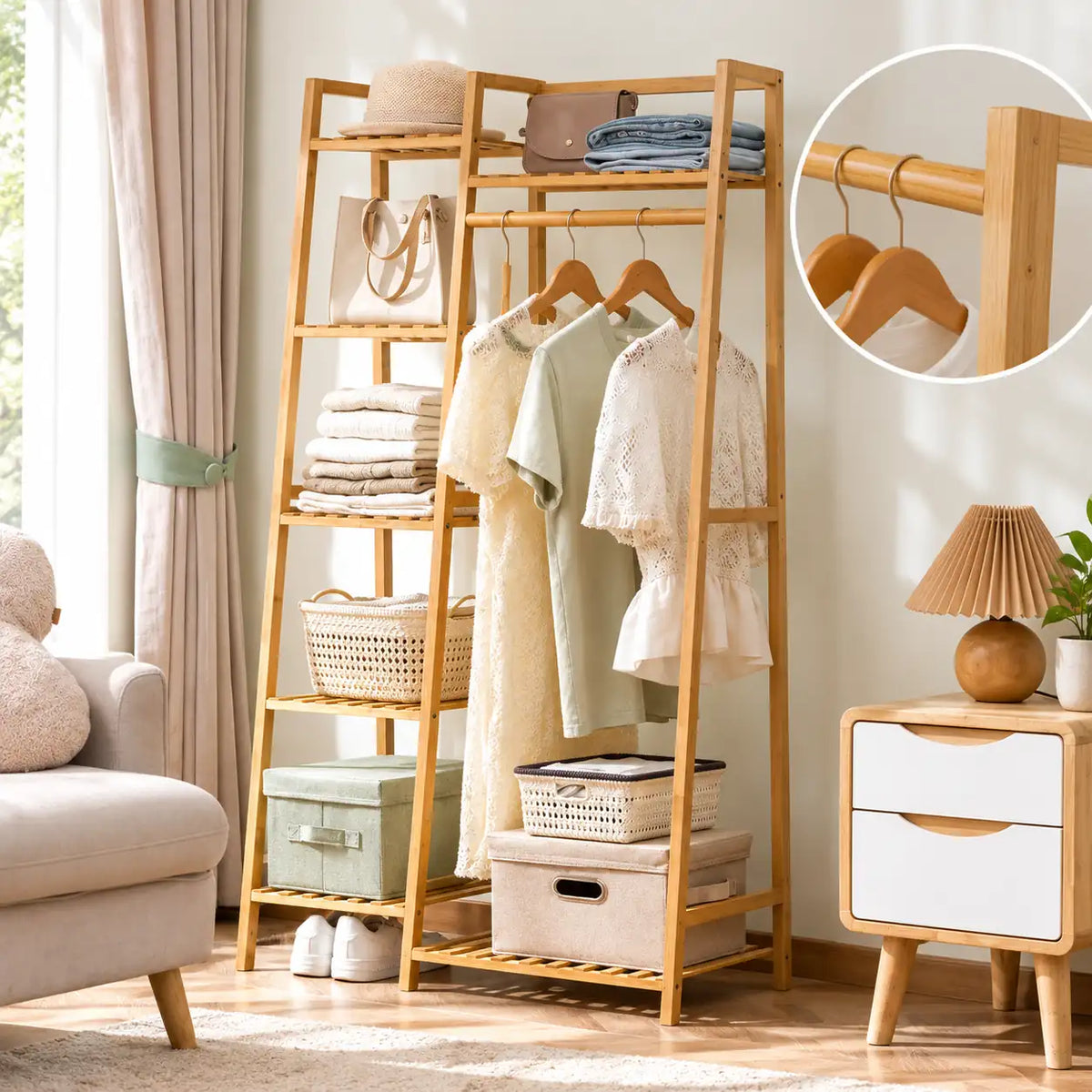 Penderie ouverte en bambou naturel simple 80 cm : détail de la tringle