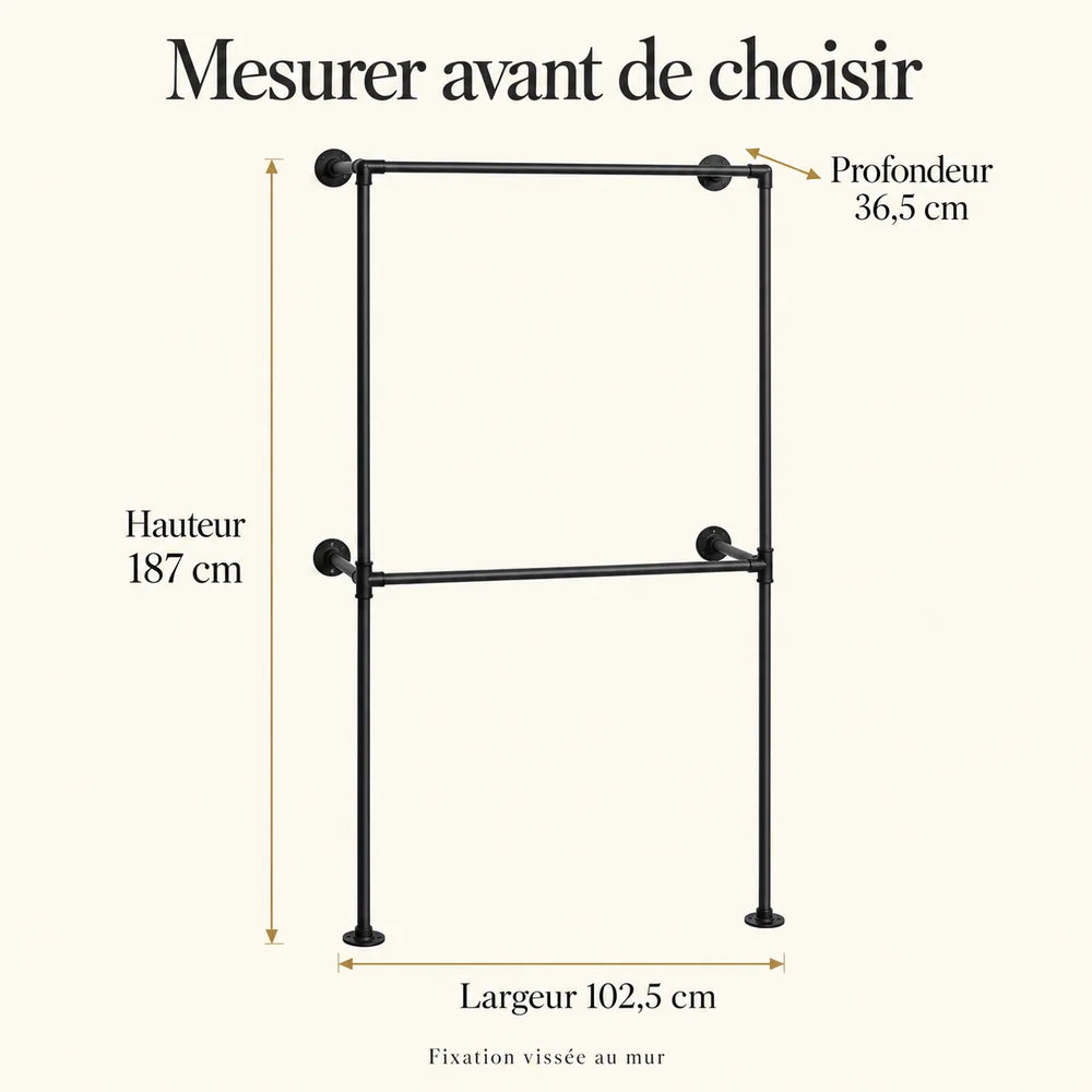 Penderie murale noire 102,5 cm à 2 barres : dimensions de la configuration