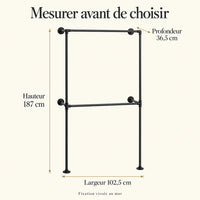 Penderie murale noire 102,5 cm à 2 barres : dimensions de la configuration