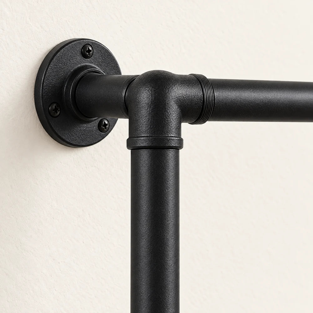 Penderie murale noire 102,5 cm à 2 barres : détail des tubes et de la fixation