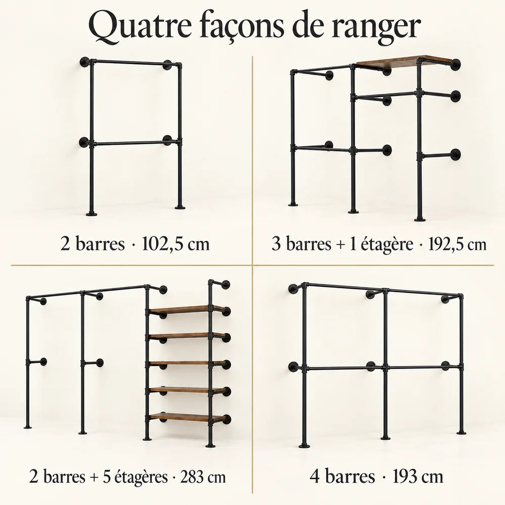 Penderie murale noire 102,5 cm à 2 barres : comparatif des quatre configurations