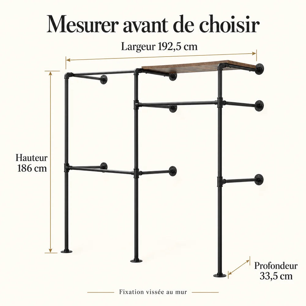Penderie murale 192,5 cm à 3 barres et 1 étagère : dimensions de la configuration