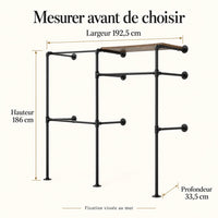 Penderie murale 192,5 cm à 3 barres et 1 étagère : dimensions de la configuration