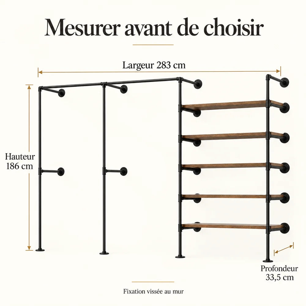Penderie murale 283 cm à 2 barres et 5 étagères : dimensions de la configuration