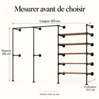 Penderie murale 283 cm à 2 barres et 5 étagères : dimensions de la configuration