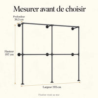 Penderie murale noire 193 cm à 4 barres : dimensions de la configuration