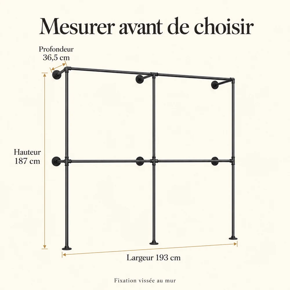 Penderie murale noire 193 cm à 4 barres : dimensions de la configuration