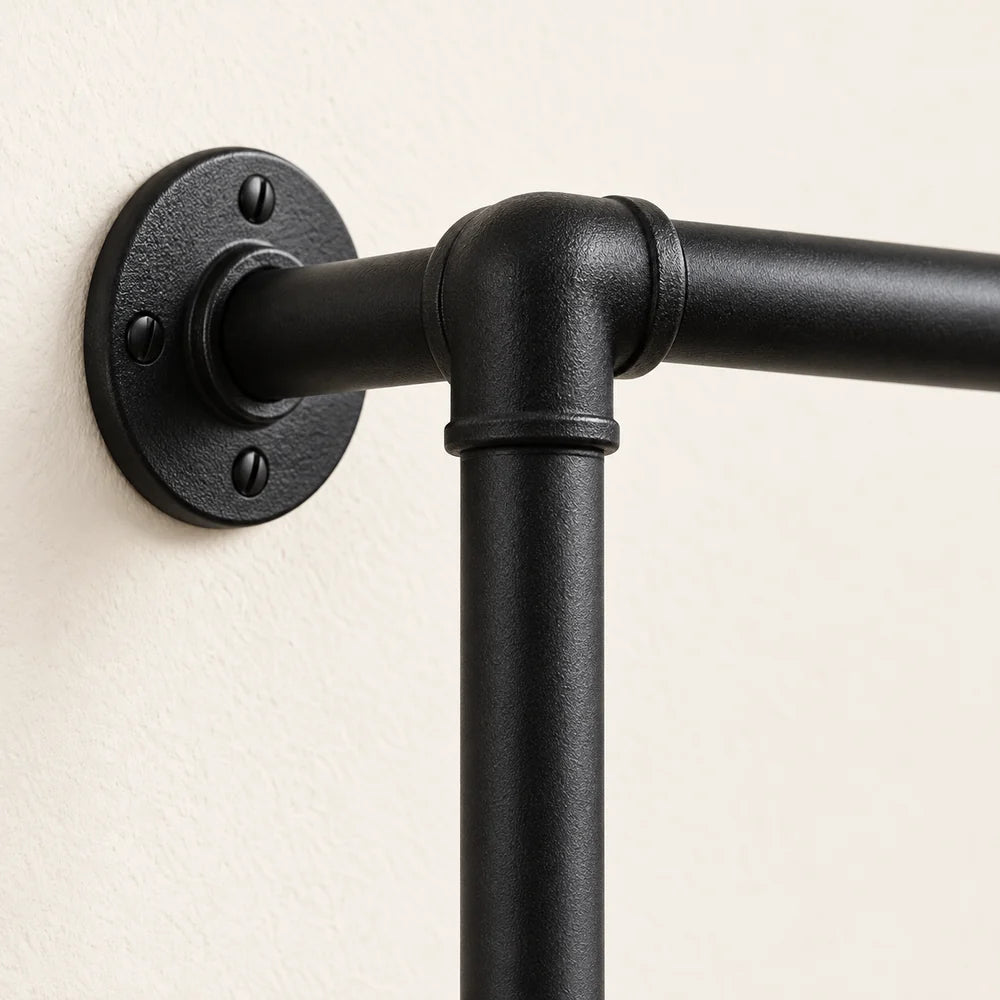 Penderie murale noire 193 cm à 4 barres : détail des tubes et de la fixation