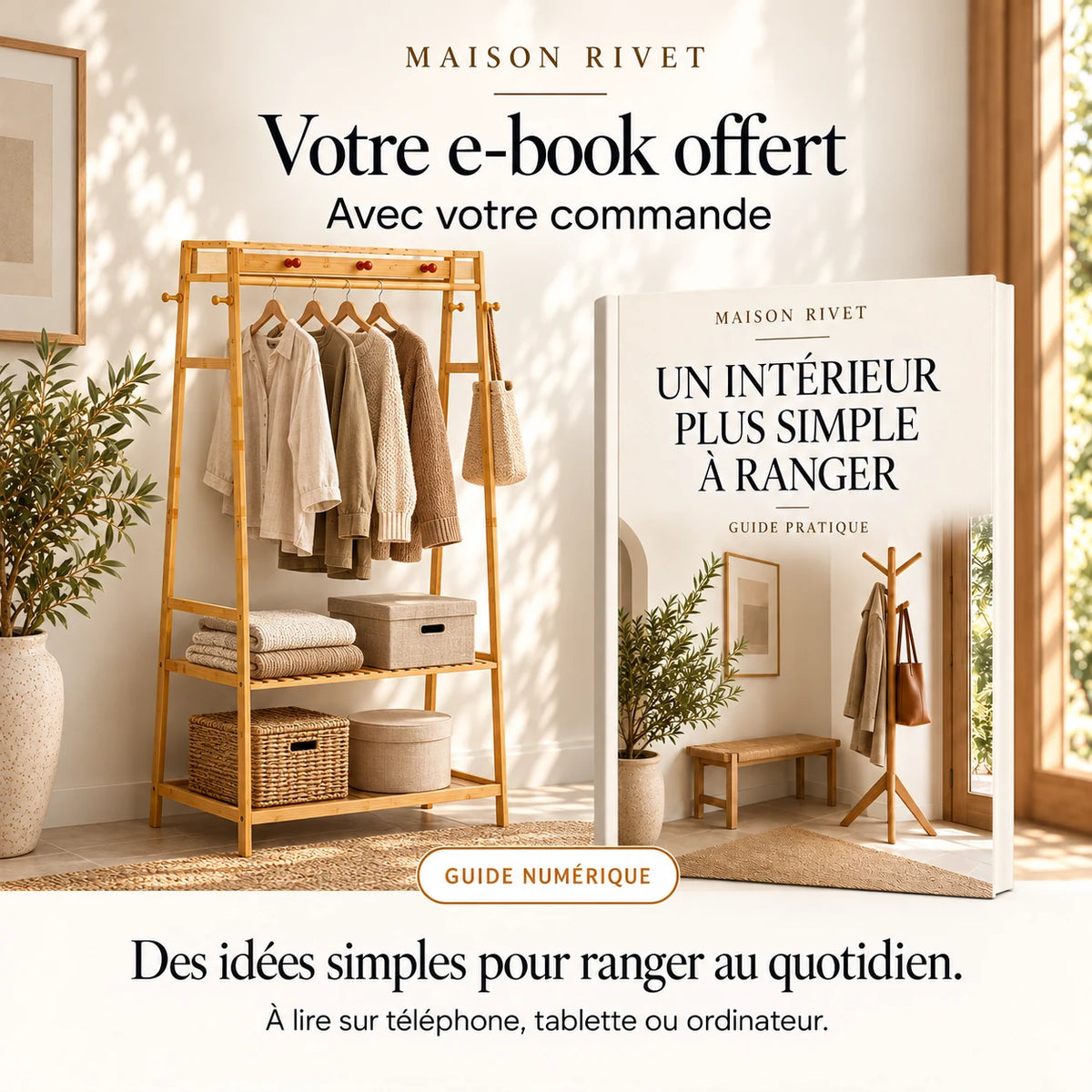 Guide numérique Un intérieur plus simple à ranger offert avec la commande ; portant bambou à gauche, ebook à droite