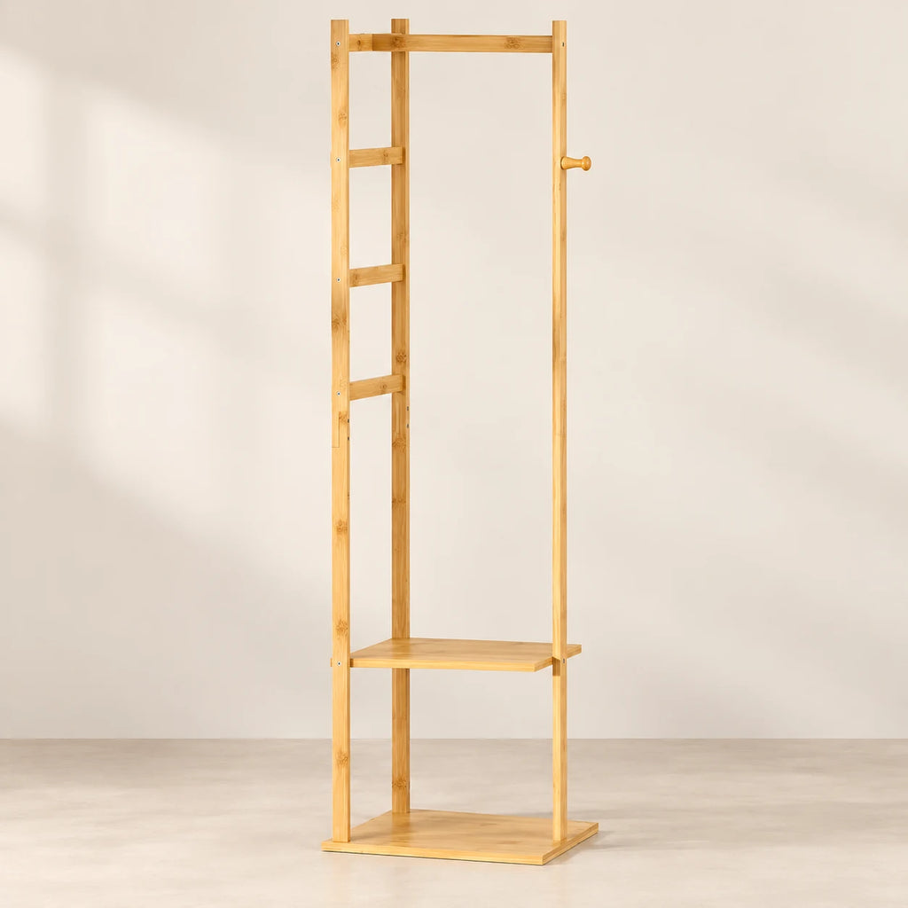 Porte-manteau bambou étroit à deux étagères, vue de face