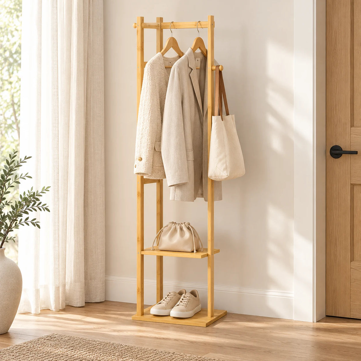 Porte-manteau bambou 155 cm dans une entrée avec vestes et chaussures Image