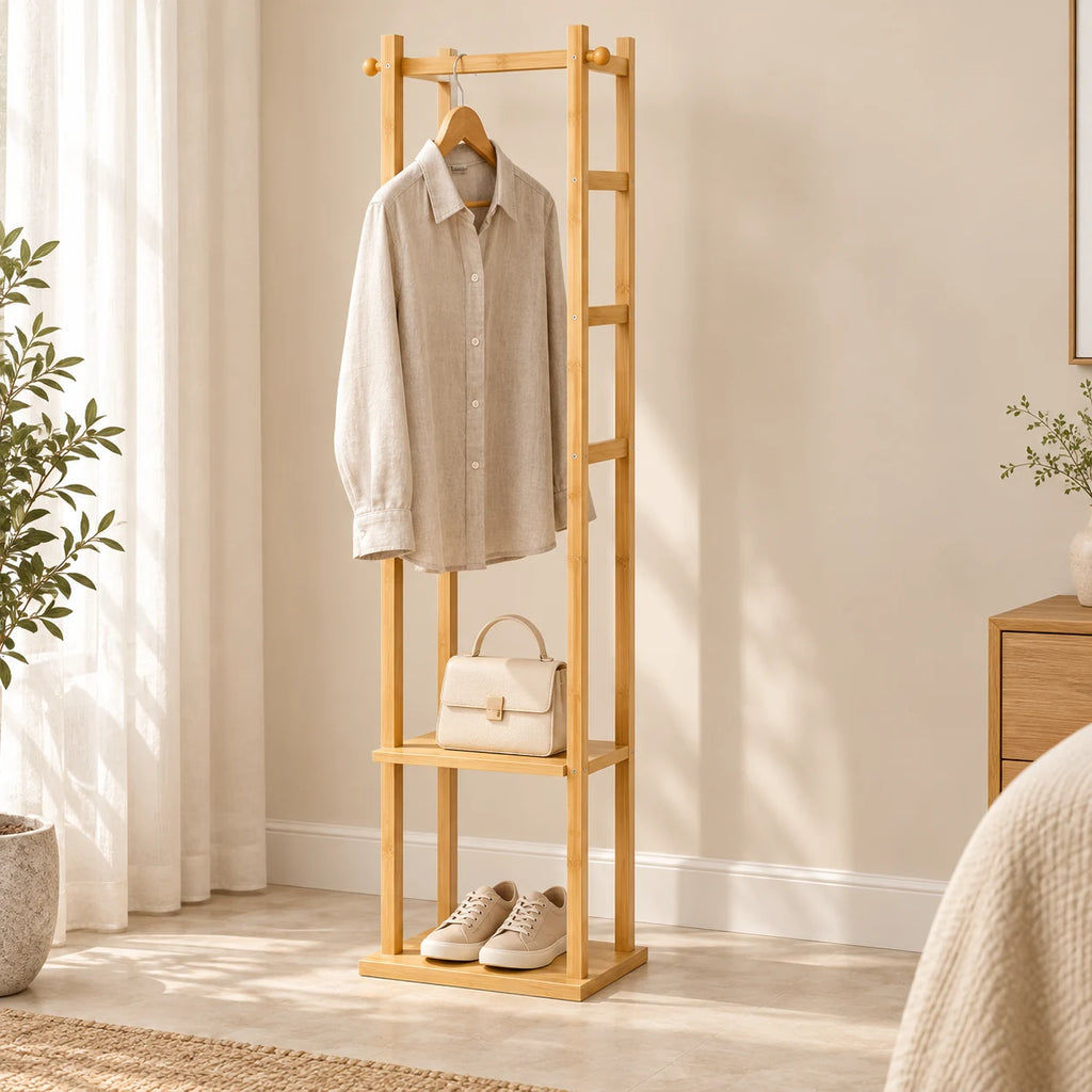Porte-manteau bambou avec chemise, sac et chaussures pour montrer son échelle
