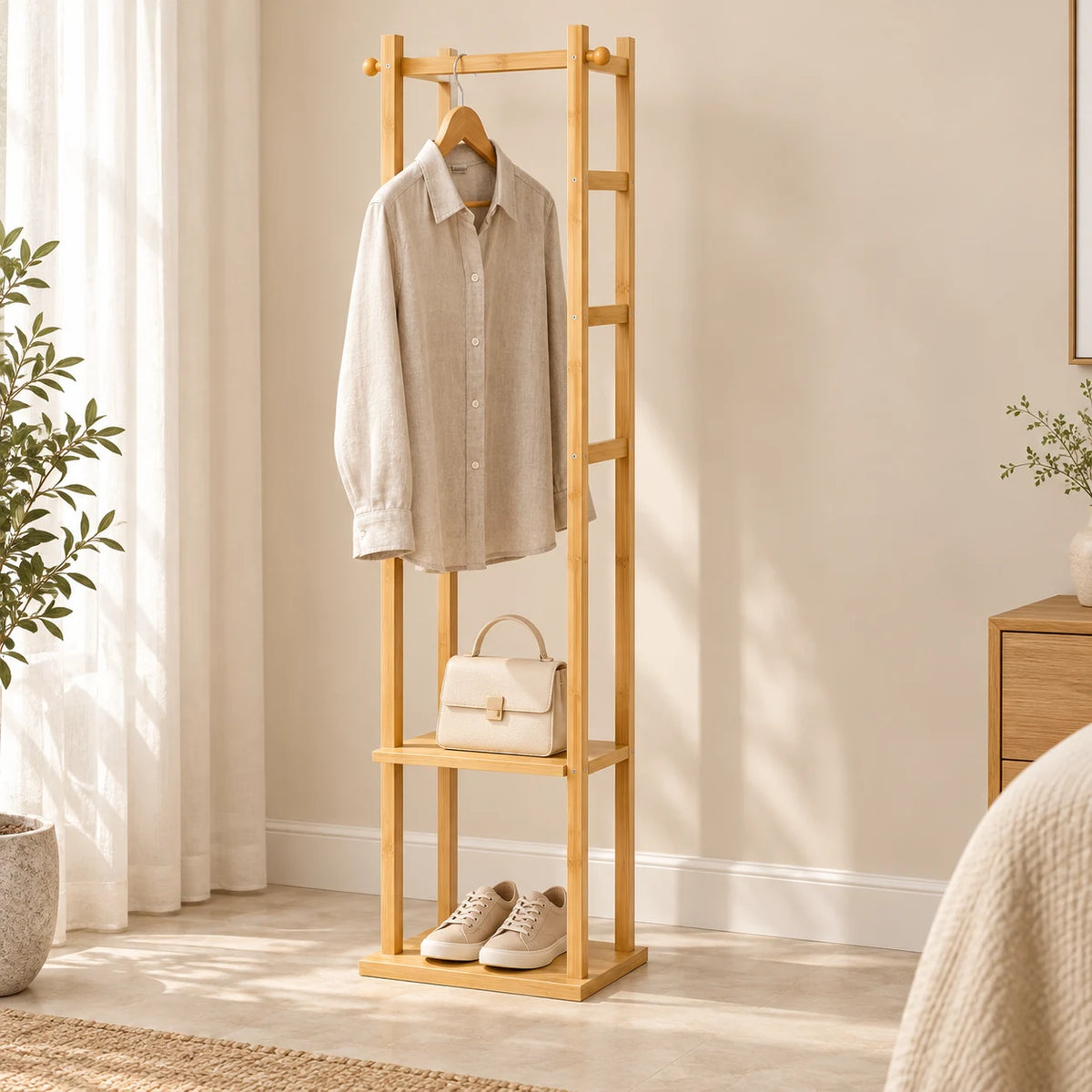 Porte-manteau bambou avec chemise, sac et chaussures pour montrer son échelle